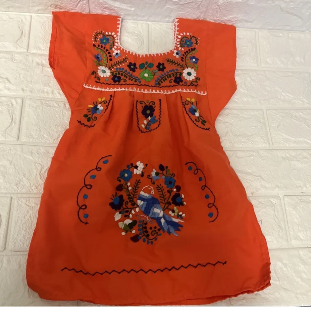 Traditional Mexican Girls Dress Embroidered Multi Color Flowers Dress SZ 2T